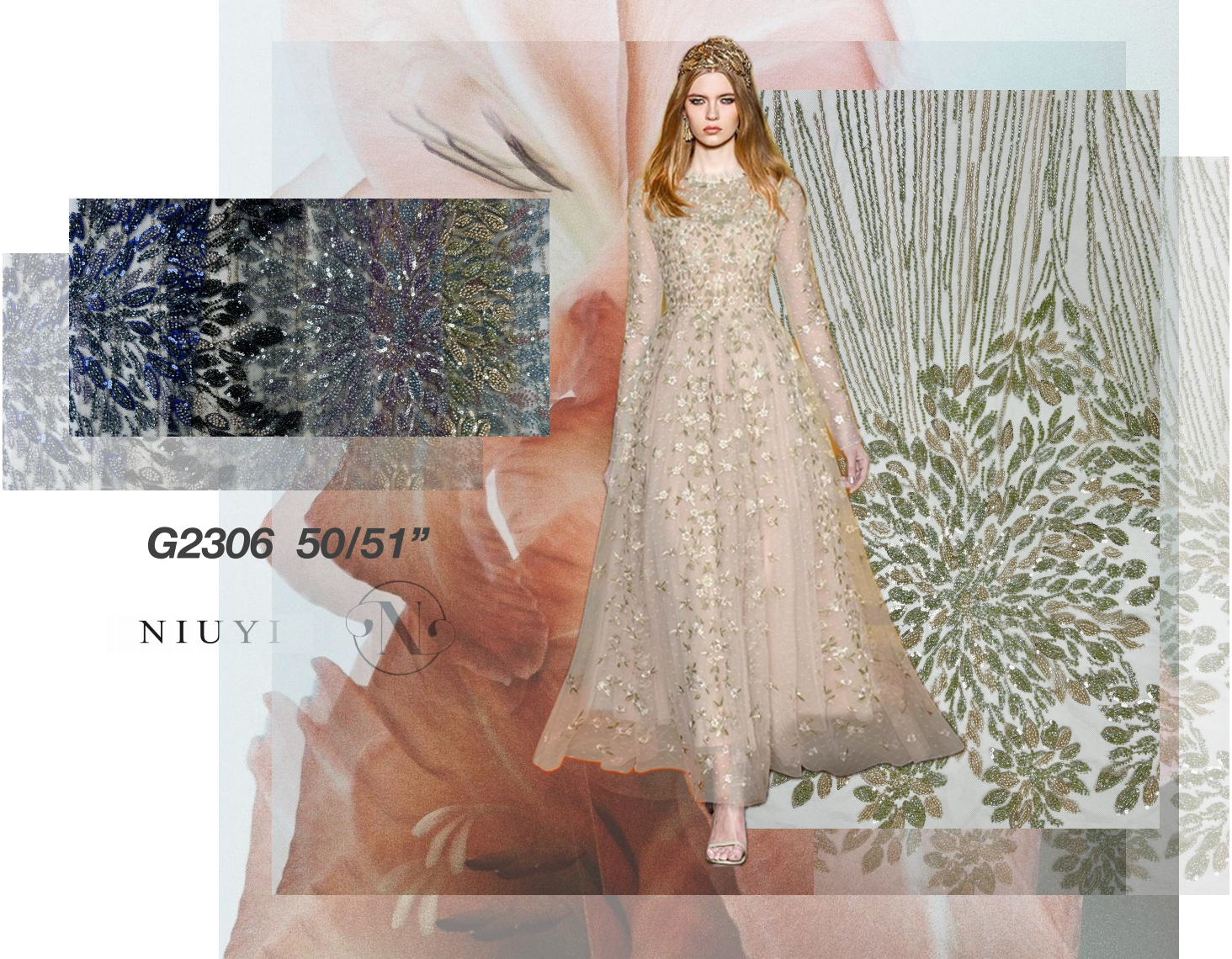 G2306 Tulle with Machine Beads Embroidery Fabric