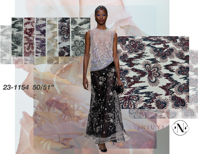 23-1154 Tulle with Machine Beads Embroidery Fabric