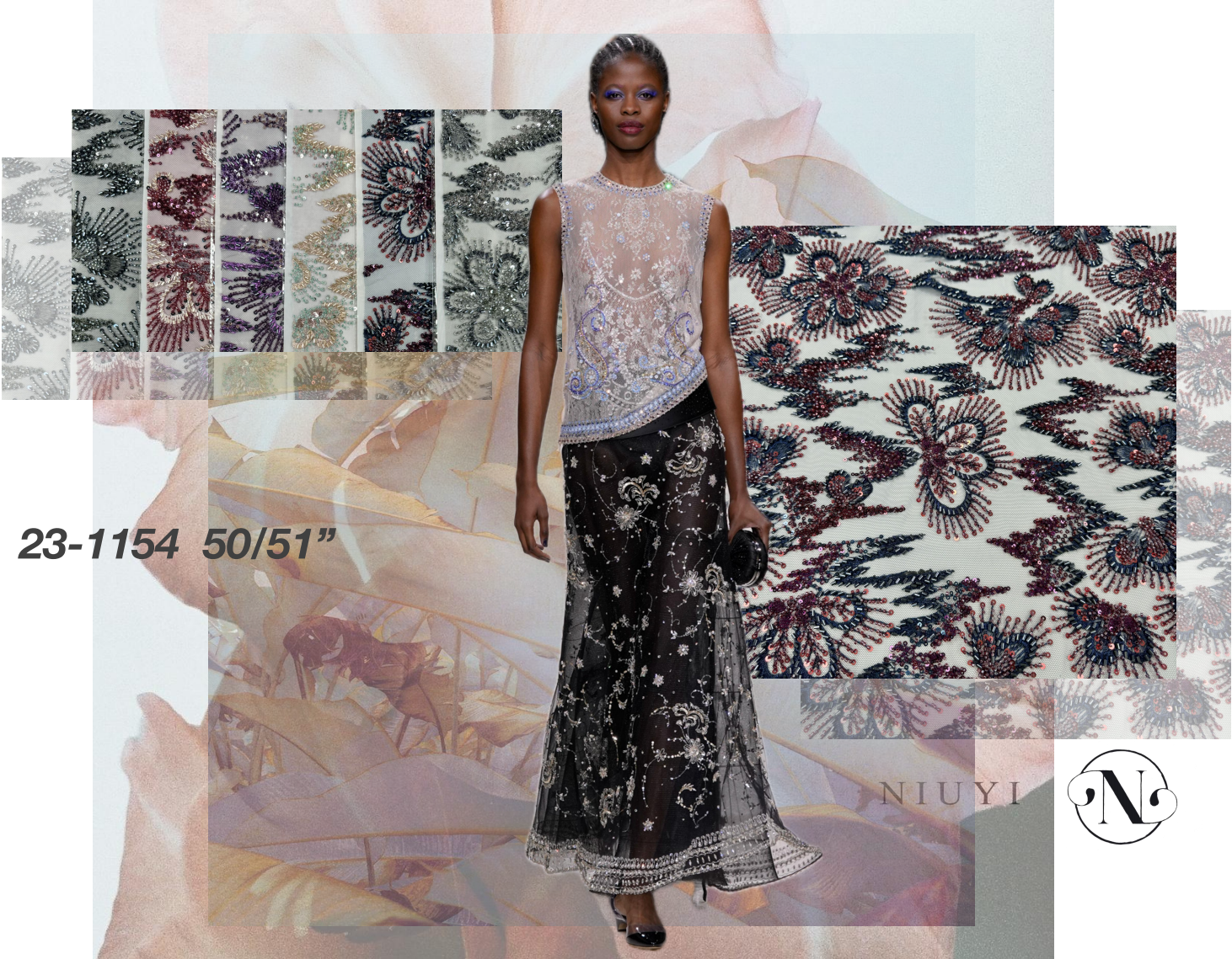 23-1154 Tulle with Machine Beads Embroidery Fabric