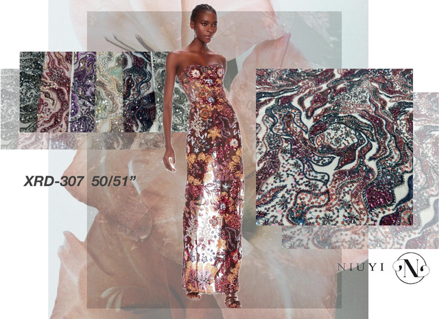 XRD-307 Tulle with Machine Beads Embroidery Fabric