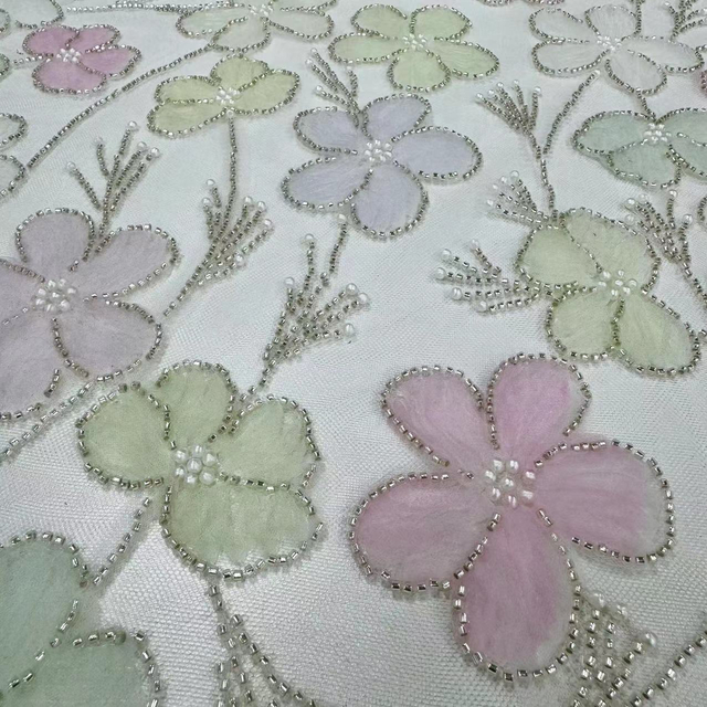 23-2748A Tulle Ground with Machine Beads Multicolor Embroidery Fabric