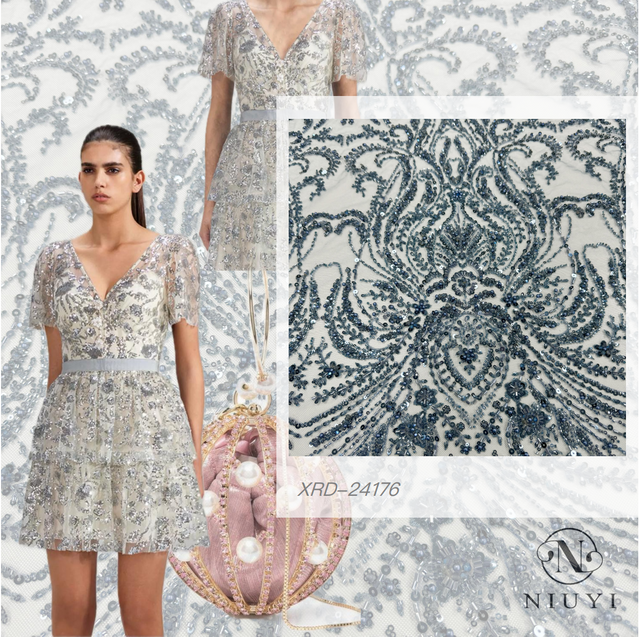 XRD-24176 Tulle with Machine Beads Embroidery Fabric