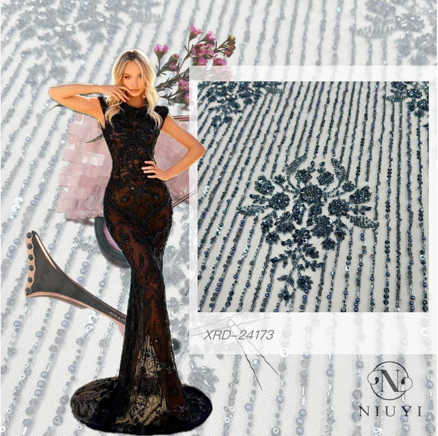 XRD-24173 Tulle with Machine Beads Embroidery Fabric