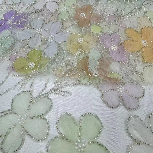 23-2748A Tulle Ground with Machine Beads Multicolor Embroidery Fabric