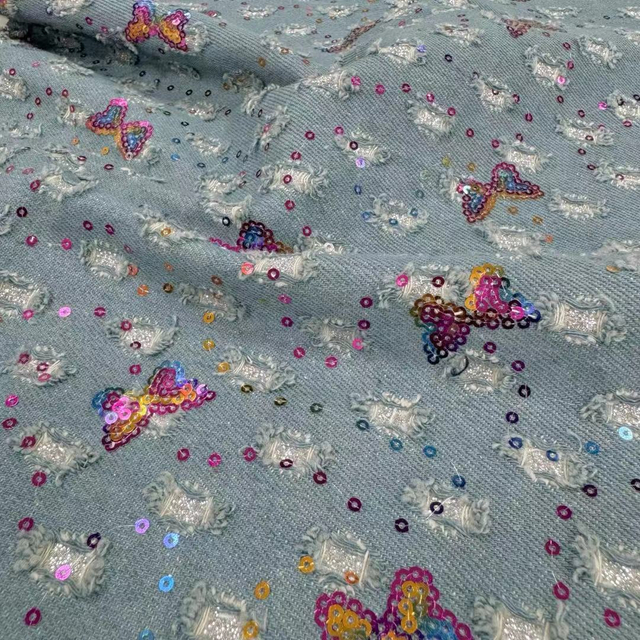 DEN-023 Machine Sequins Embroidery Denim Fabric