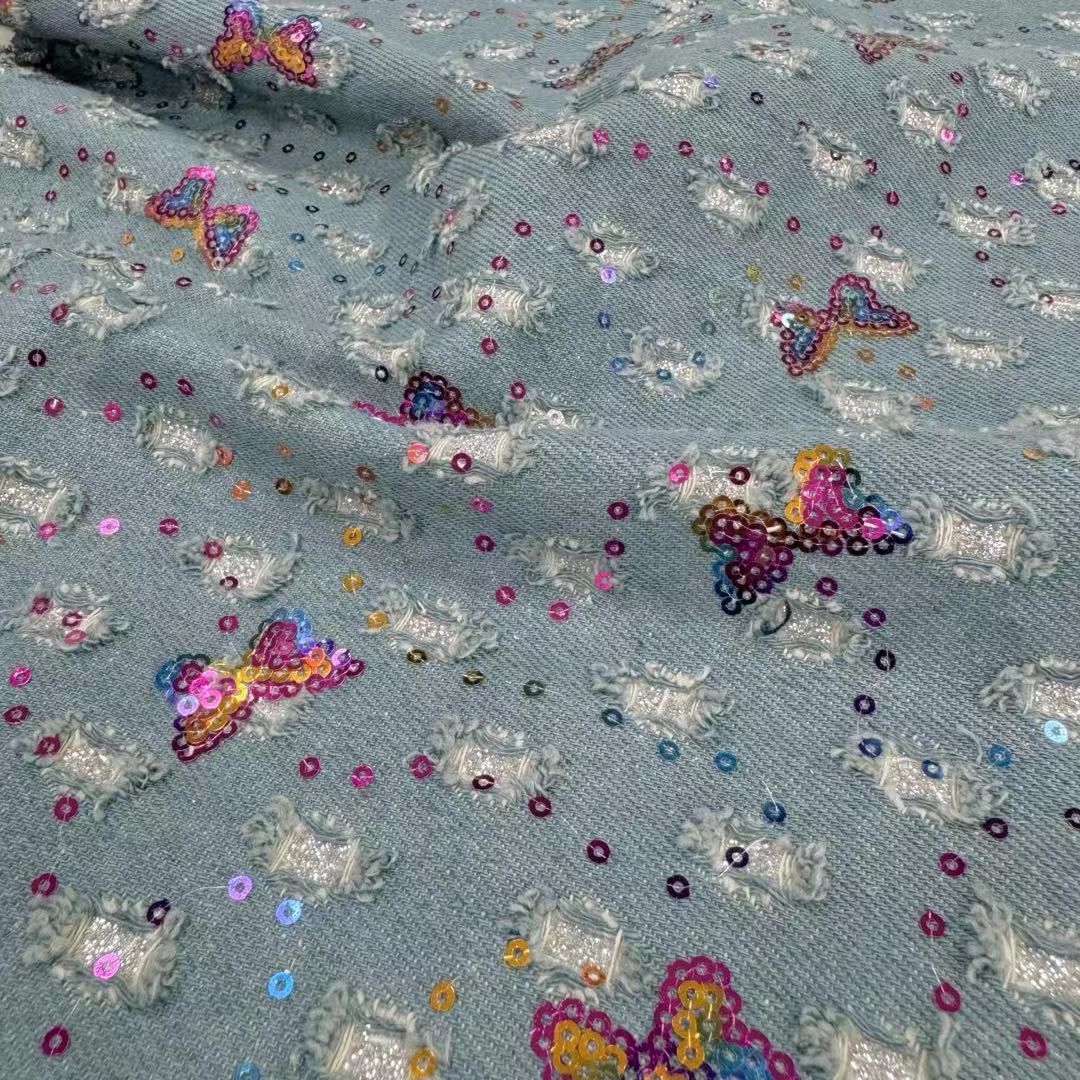 DEN-023 Machine Sequins Embroidery Denim Fabric