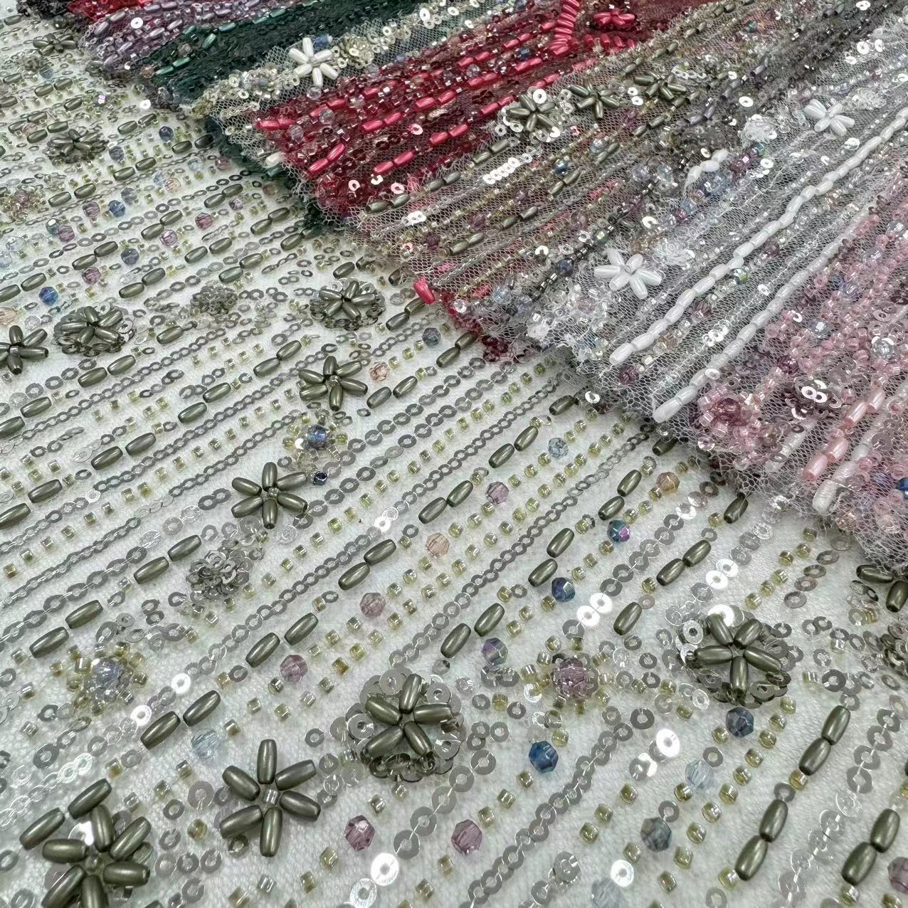 XRD-24062 Tulle with Machine Beads Embroidery Fabric