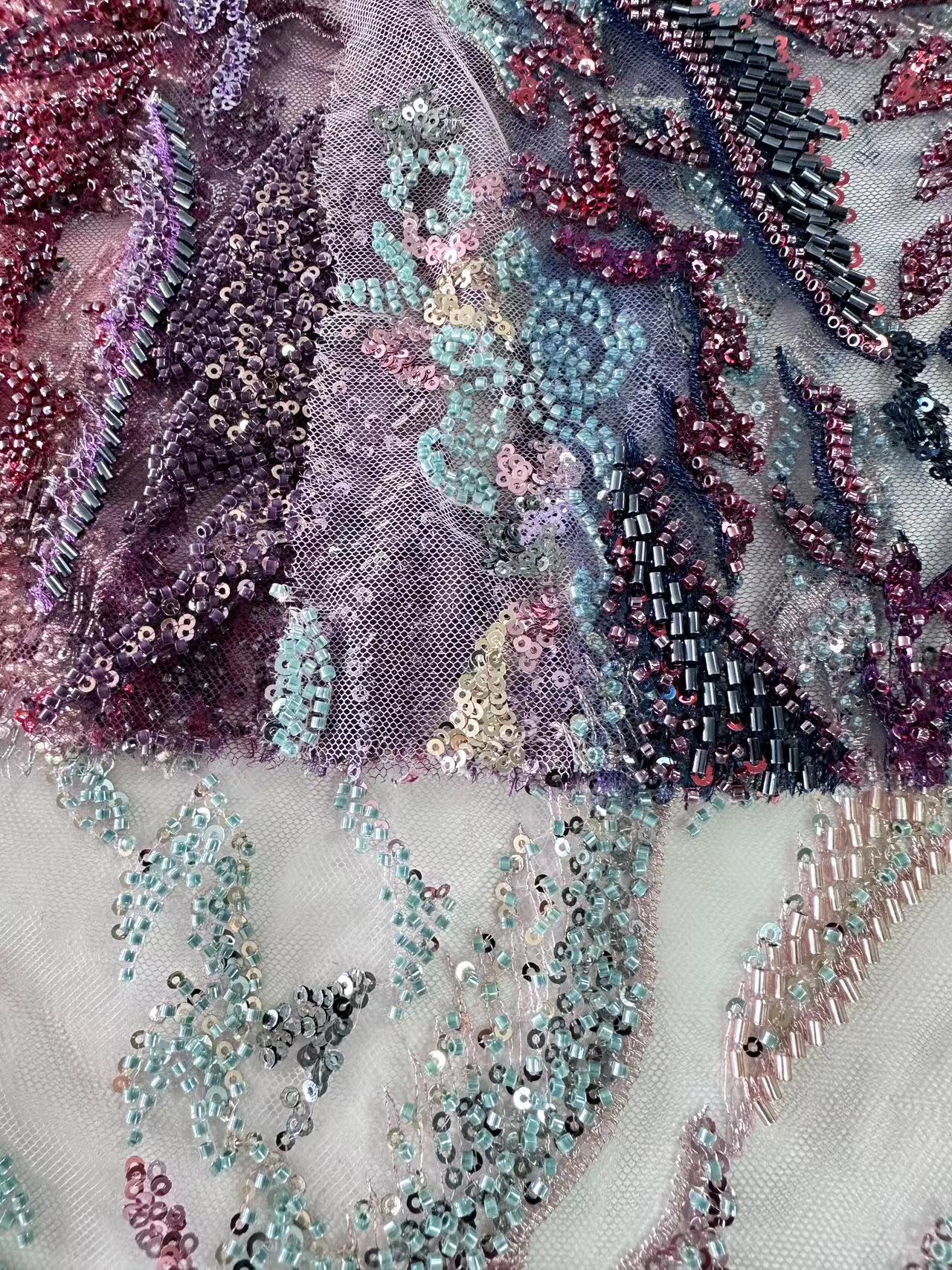 23-1585 Tulle with Machine Beads Embroidery Fabric