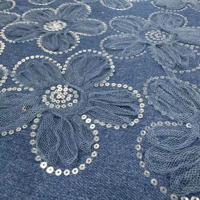 DEN-022 Machine Sequins Flower Embroidery Denim Fabric