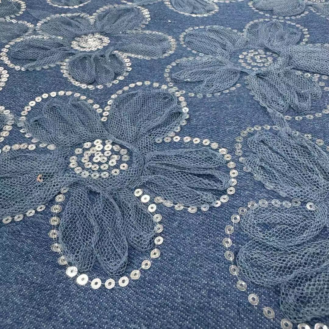 DEN-022 Machine Sequins Flower Embroidery Denim Fabric