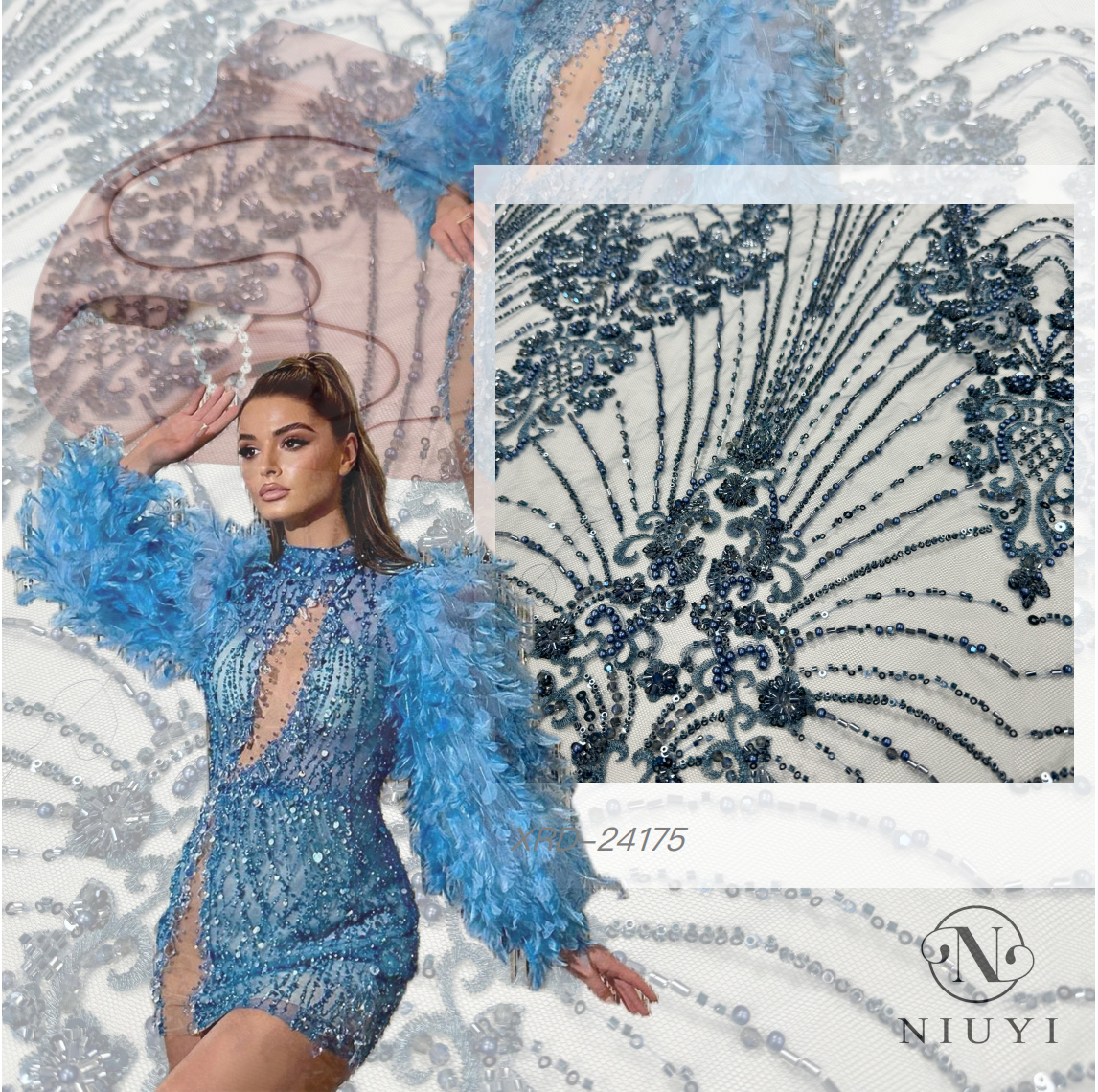 XRD-24175 Tulle with Machine Beads Embroidery Fabric