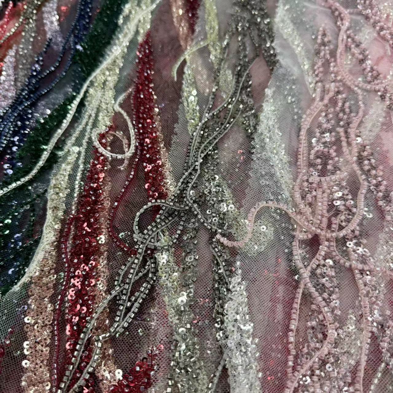 XRD-24032 Tulle with Machine Beads Embroidery Fabric