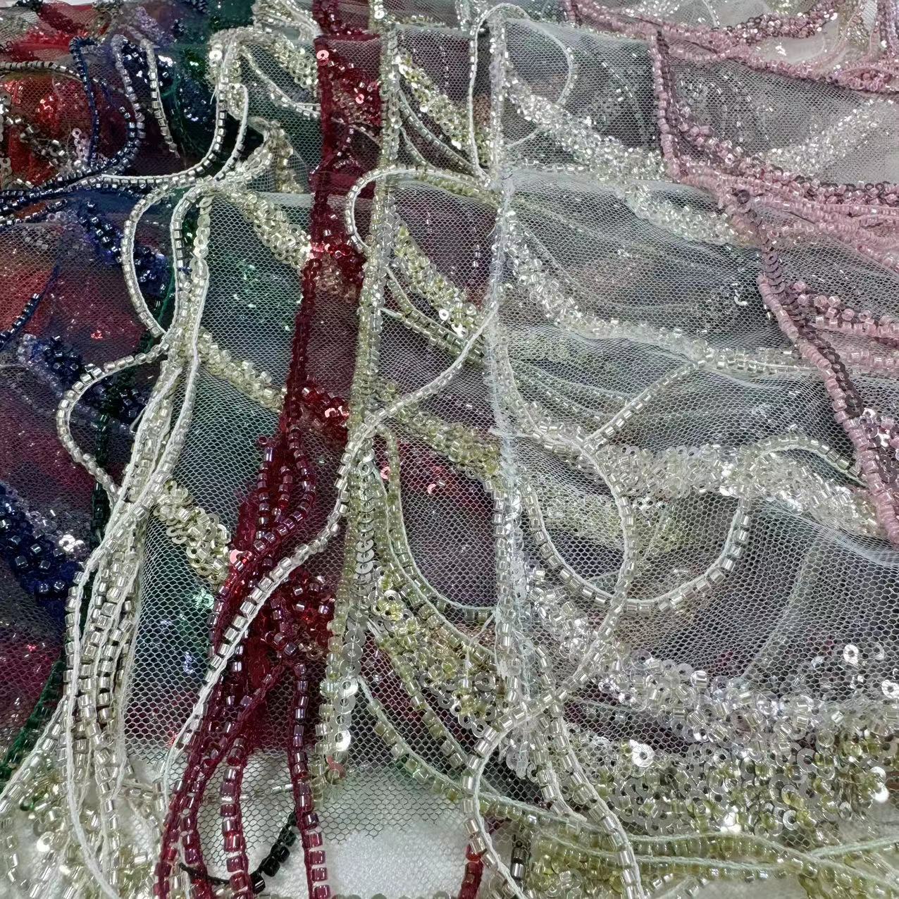 XRD-24107 Tulle with Machine Beads Embroidery Fabric