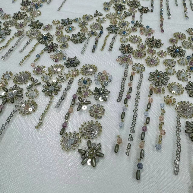 XRD-24101 Tulle with Machine Beads Embroidery Fabric