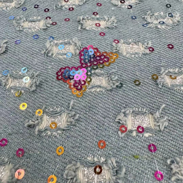 DEN-023 Machine Sequins Embroidery Denim Fabric