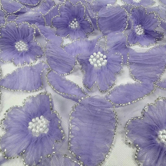 23-4491A Tulle Ground with Machine Beads Flower Embroidery Fabric
