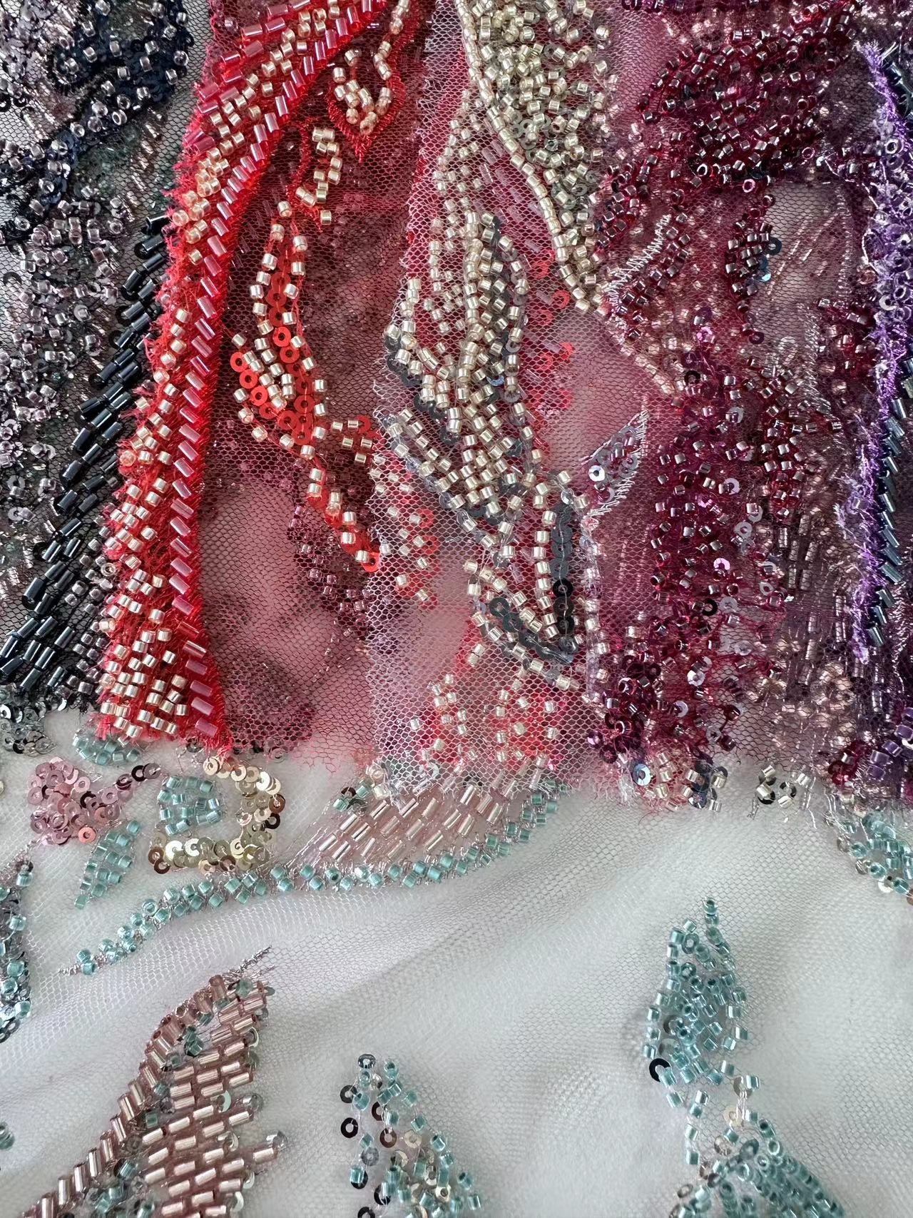 23-1585 Tulle with Machine Beads Embroidery Fabric