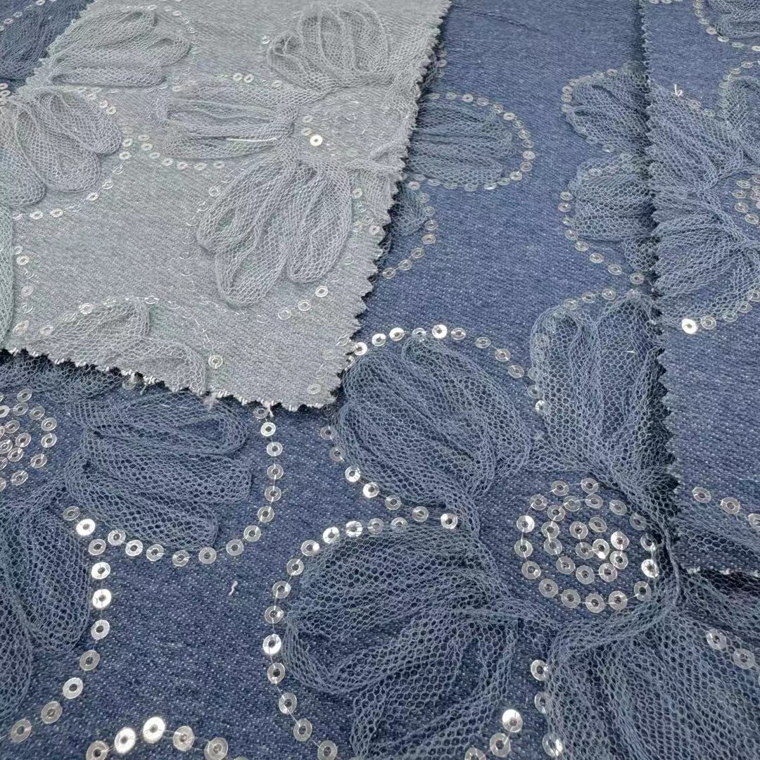 DEN-022 Machine Sequins Flower Embroidery Denim Fabric