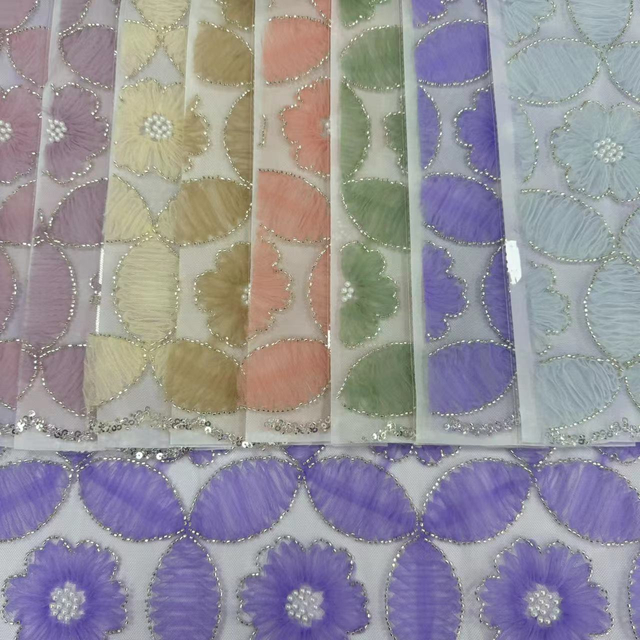 23-4491A Tulle Ground with Machine Beads Flower Embroidery Fabric