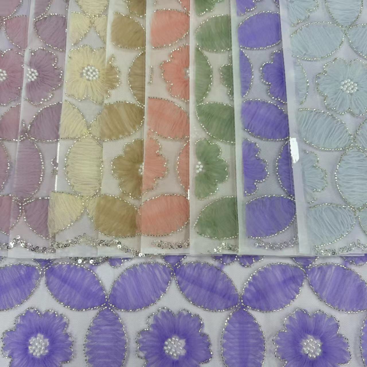 23-4491A Tulle Ground with Machine Beads Flower Embroidery Fabric