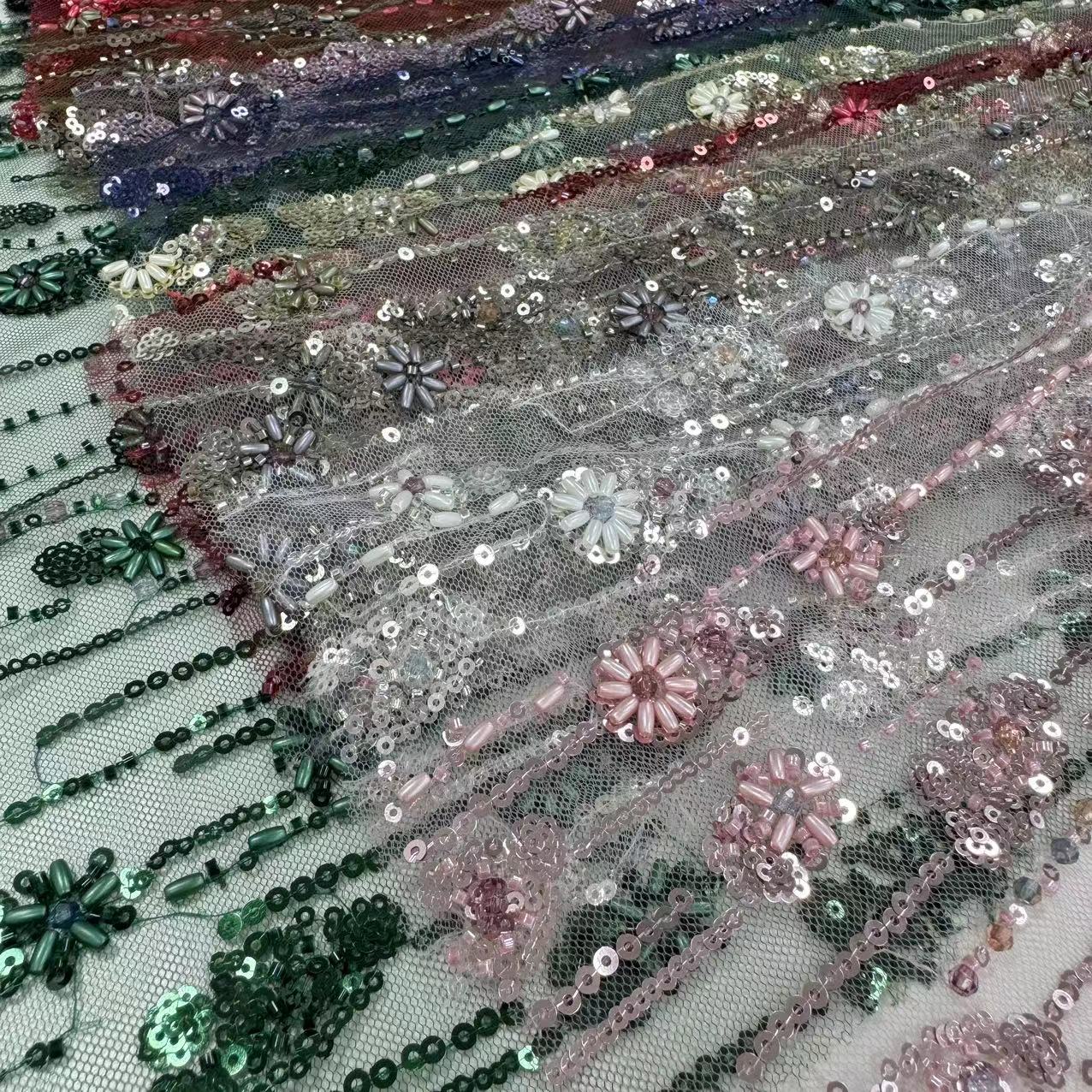 XRD-24109 Tulle with Machine Beads Embroidery Fabric
