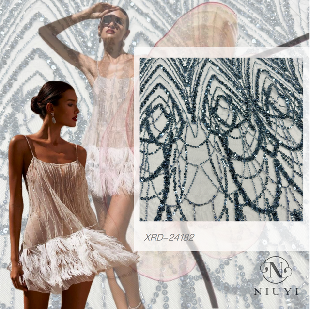 XRD-24182 Tulle with Machine Beads Embroidery Fabric