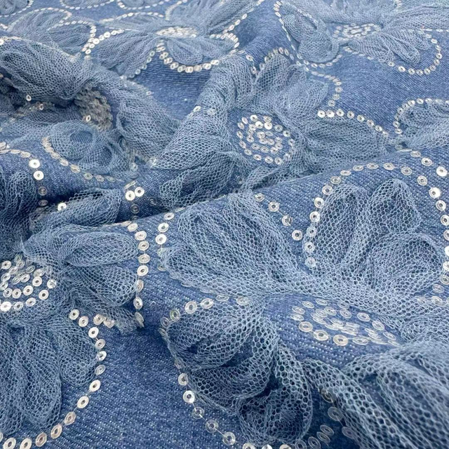 DEN-022 Machine Sequins Flower Embroidery Denim Fabric