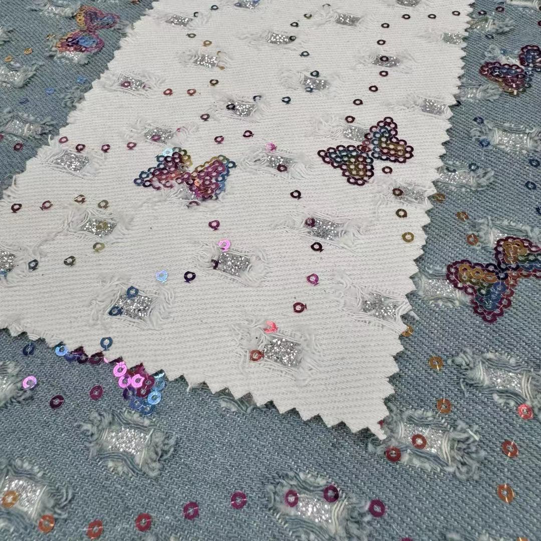 DEN-023 Machine Sequins Embroidery Denim Fabric