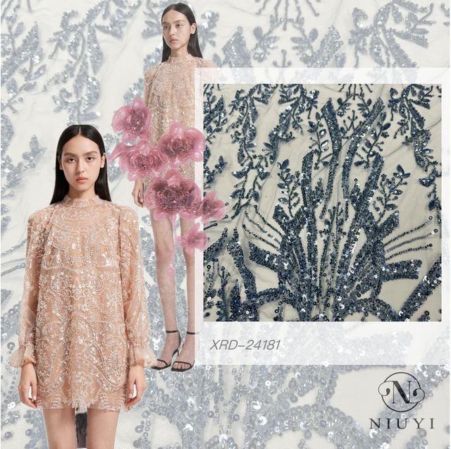 XRD-24181 Tulle with Machine Beads Embroidery Fabric