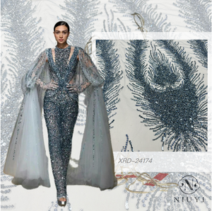 XRD-24174 Tulle with Machine Beads Embroidery Fabric