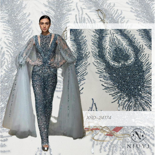 XRD-24174 Tulle with Machine Beads Embroidery Fabric