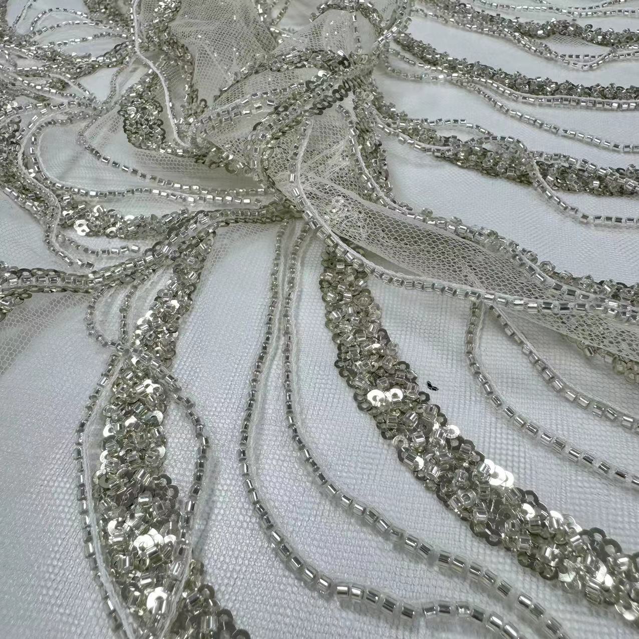 XRD-24107 Tulle with Machine Beads Embroidery Fabric